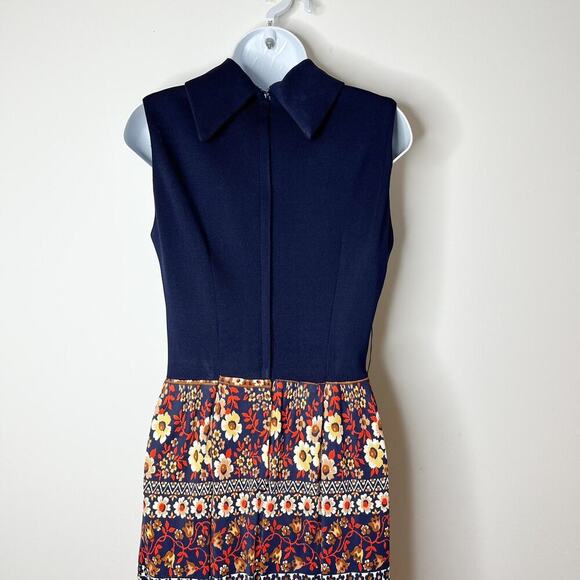 Vintage Womens Maxi Dress 60s/70s Mock Neck Collar Floral Navy Blue Orange Small - Picture 6 of 6